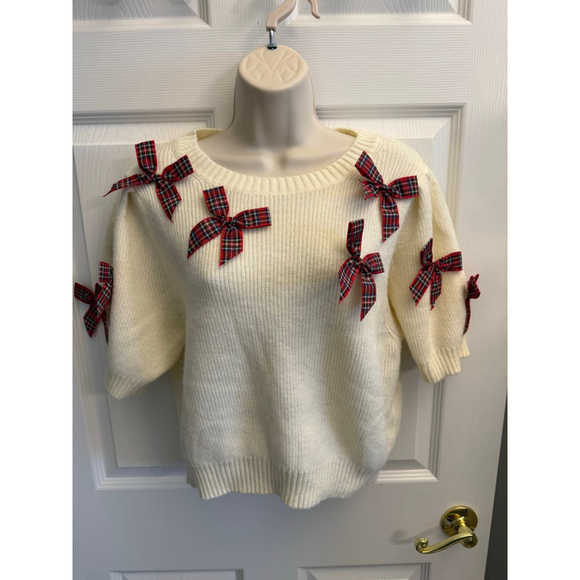 TALULAH Sweaters - Talulah ivory short-sleeve knit sweater with multiple plaid bows puff slv SZ M